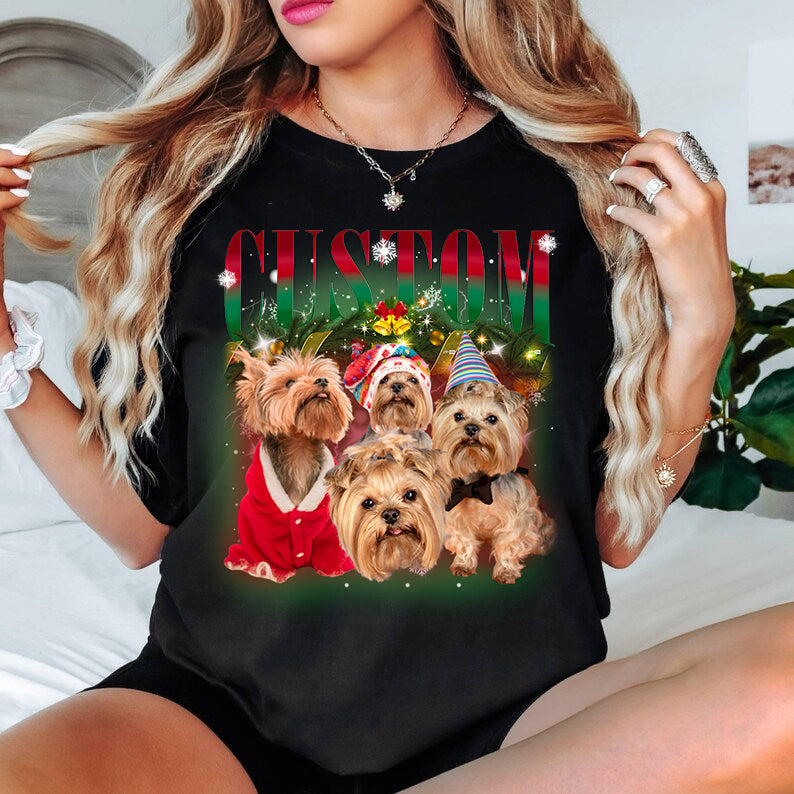 Custom Pet Photo Christmas Bootleg Tee Sweatshirt Hoodie Retro Bootleg Dog Shirt