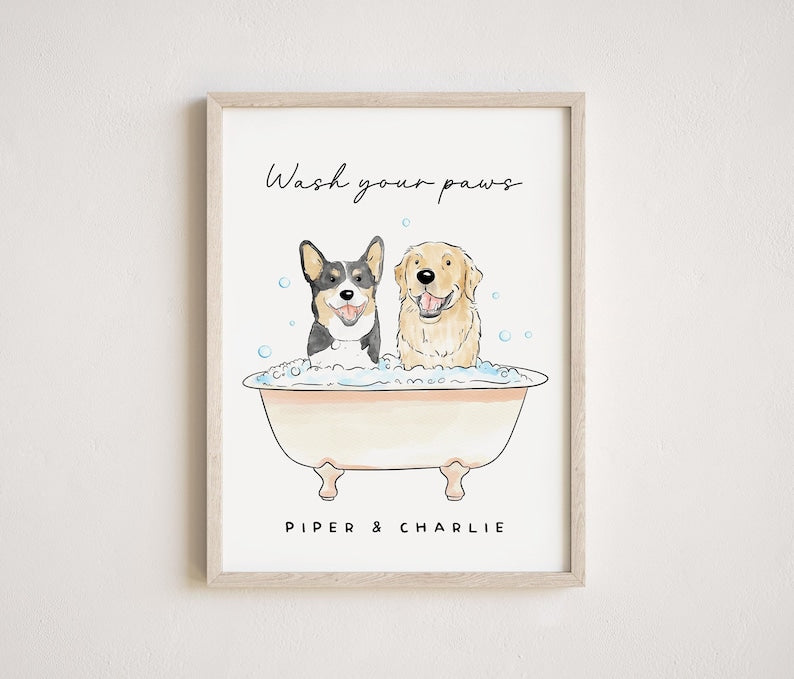 Custom Dog Portrait From Photo Canvas, Dog Watercolor Art in Bathtub, Dog In Bathtub