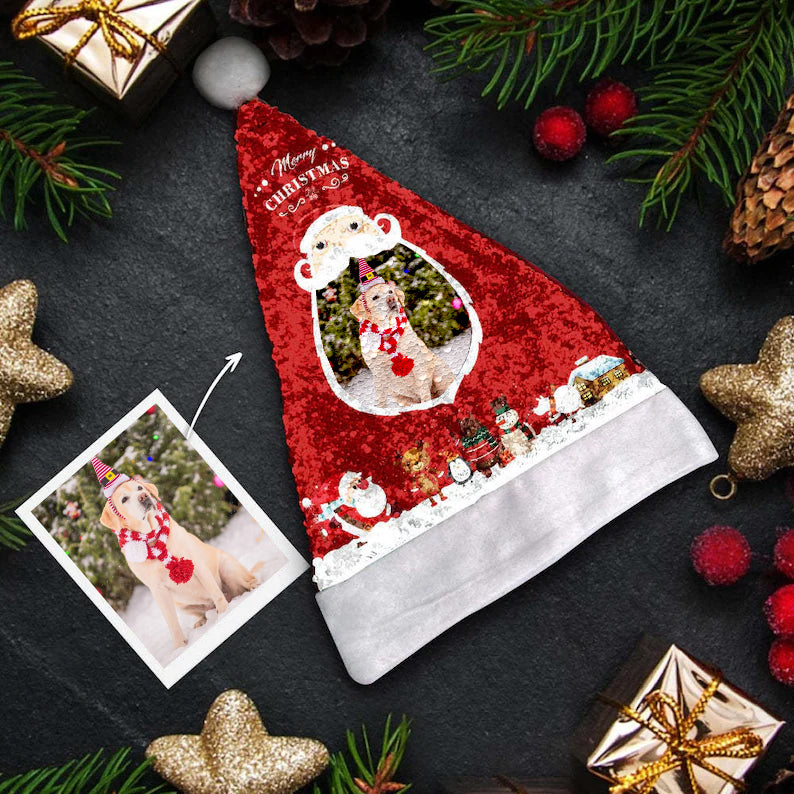 Custom Pet Photo Sequins Santa Hat, Personalized Photo Christmas Hats