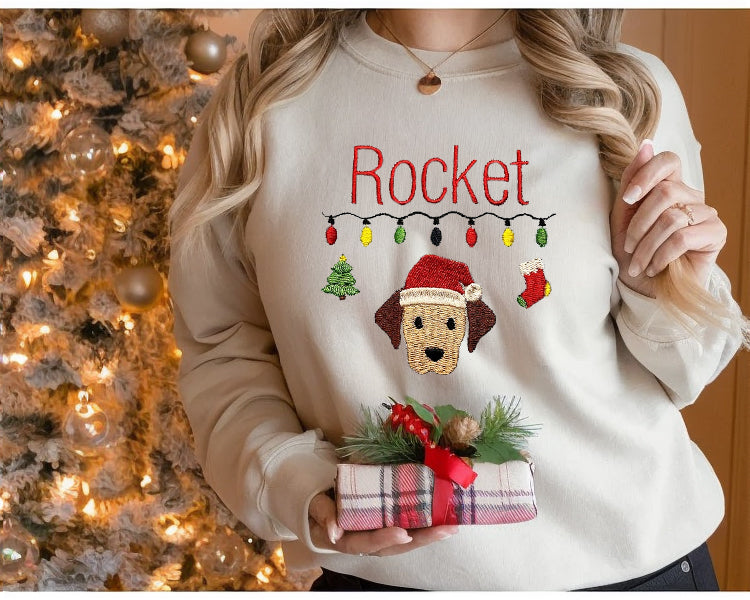 Personalized Christmas Pet Portrait Embroidered Hoodie Sweatshirt With Name