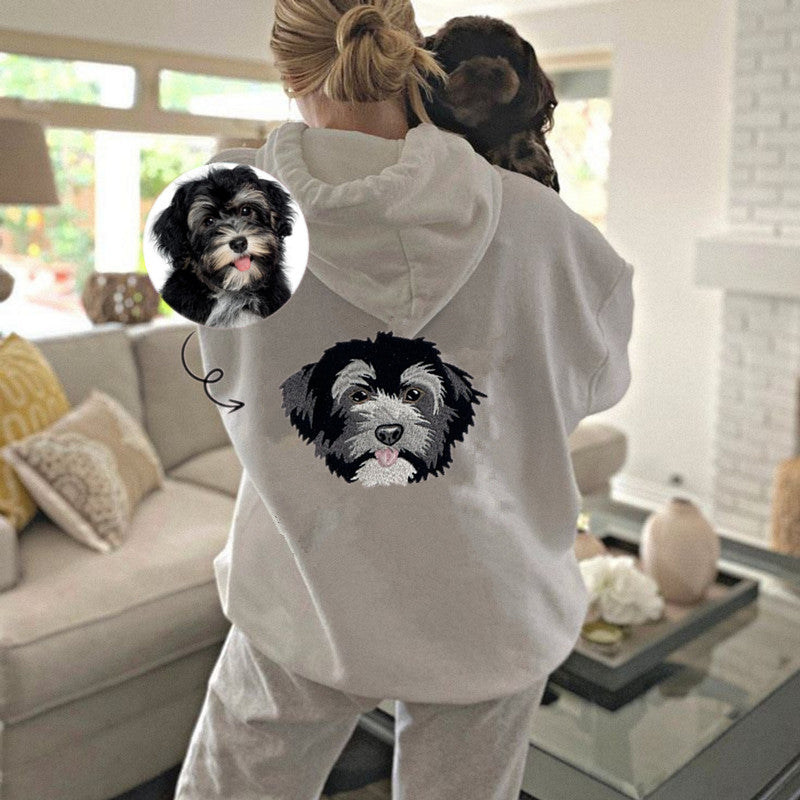 Custom Embroidered Pet Portrait Hoodie, Embroidered Pet Portrait on the Back of Sweatshirt