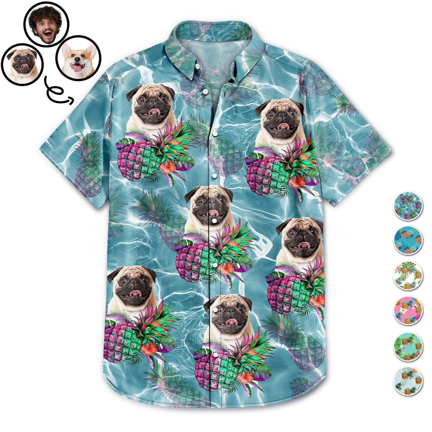 Custom Photo Funny Family Pet Face Tropical Fruit Personalized Custom Hawaiian Shirt