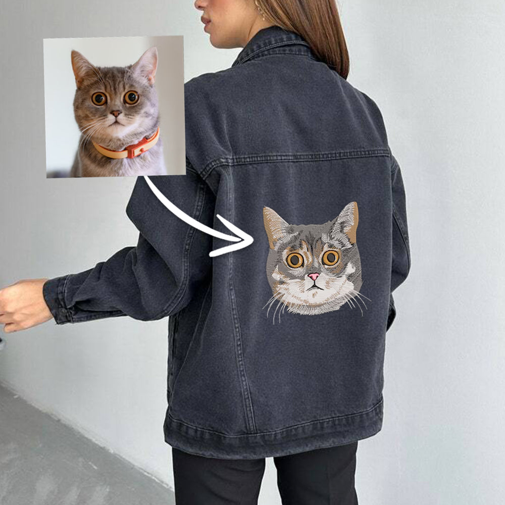 Pet Portrait Embroidered on Denim Jacket Back Side, Custom Pet Denim Jacket