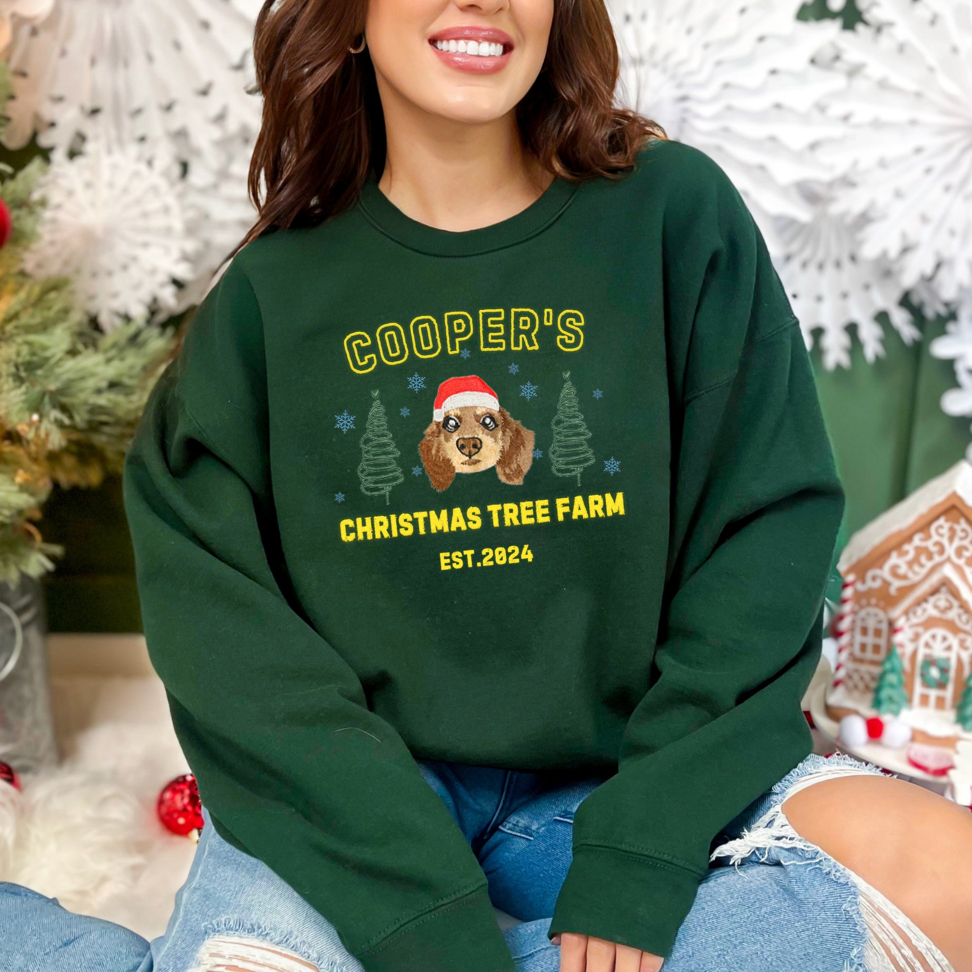 Custom Christmas Tree Farm Embroidered Personalized Pet Portrait Christmas Sweatshirt Hoodie T-shirt