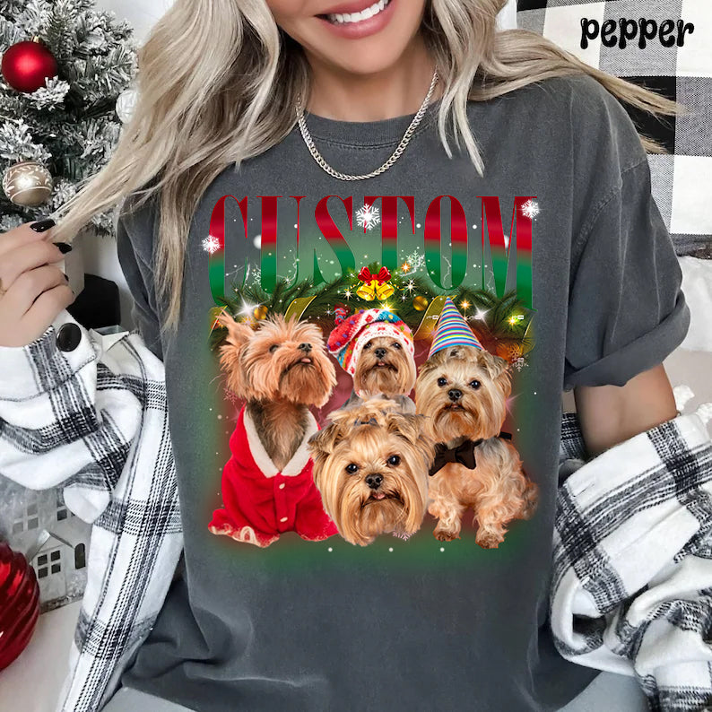 Custom Pet Photo Christmas Bootleg Tee Sweatshirt Hoodie Retro Bootleg Dog Shirt