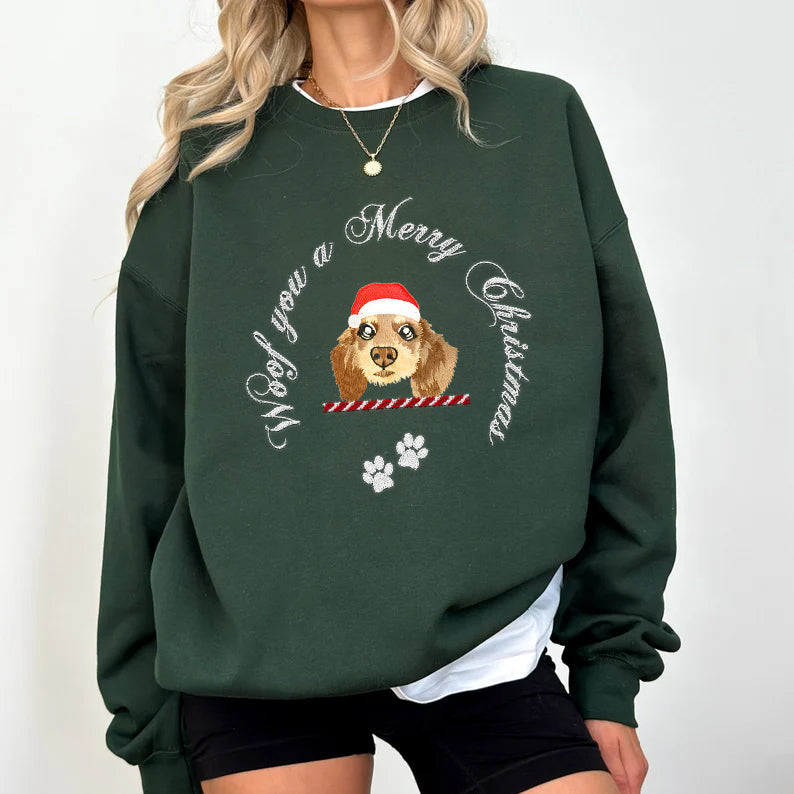 Wish you a Merry Christmas Custom Pet Face Embroidered Sweatshirt Hoodie T-shirt