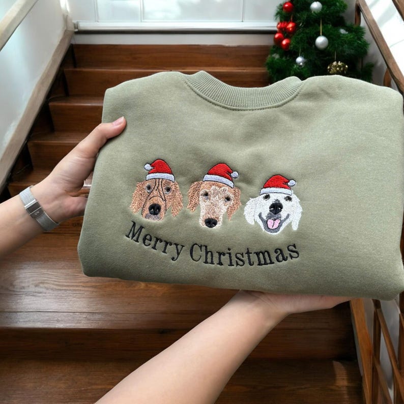 Merry Christmas Custom Pet Photo Name Embroidered Sweatshirt Hoodie T-shirt