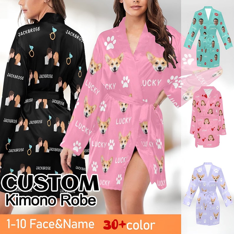 Custom Pet Photo Kimono Robe, Personalized Photo Night Robe, Custom Pajama Bathrobe