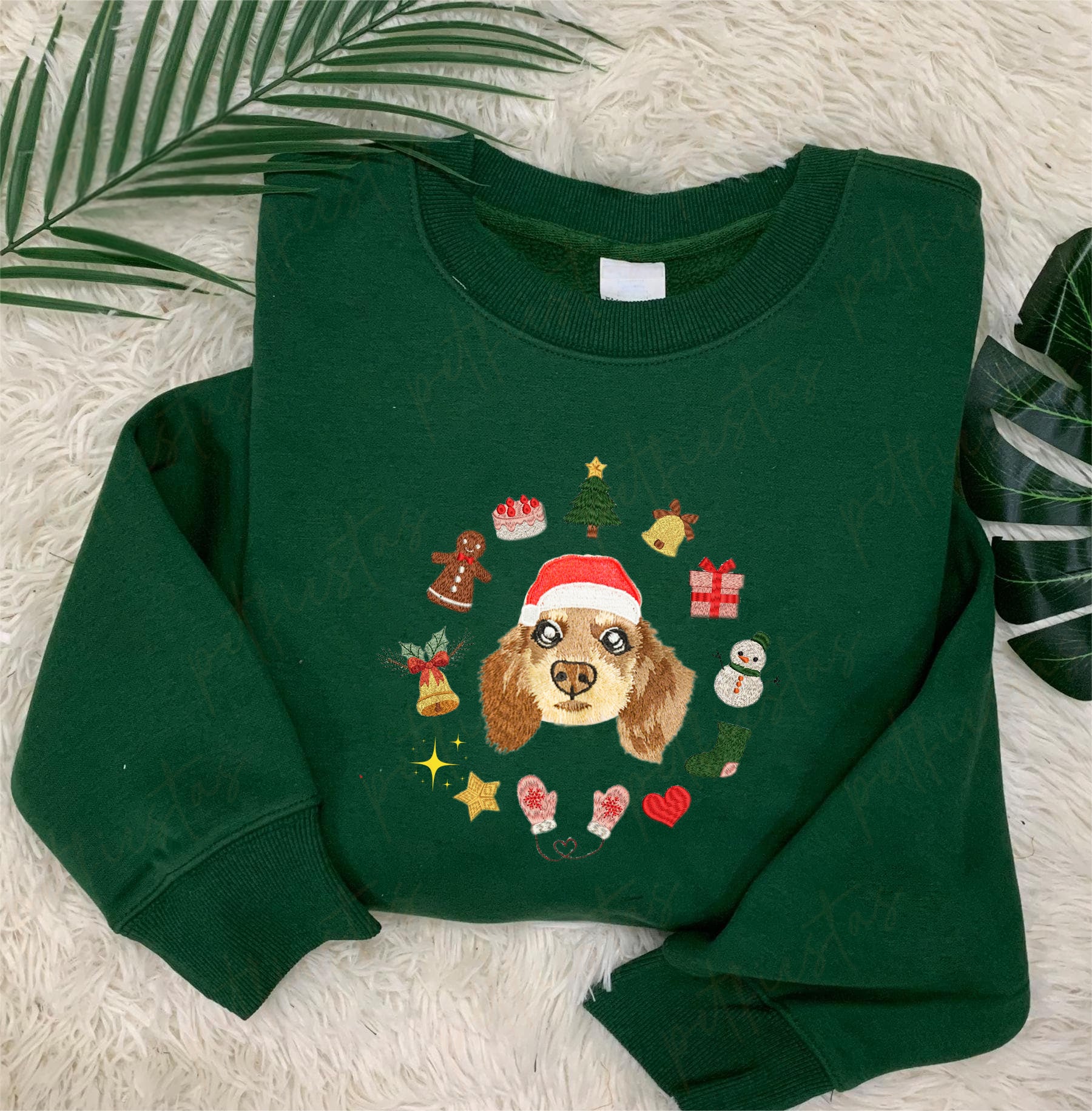 Custom Pet Portrait Christmas Sweatshirt with Festive Embroidered Elements