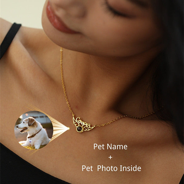 Custom Wing Necklace with Pet Name and Photo Projection - Personalized Dog Memoiral Jewelry