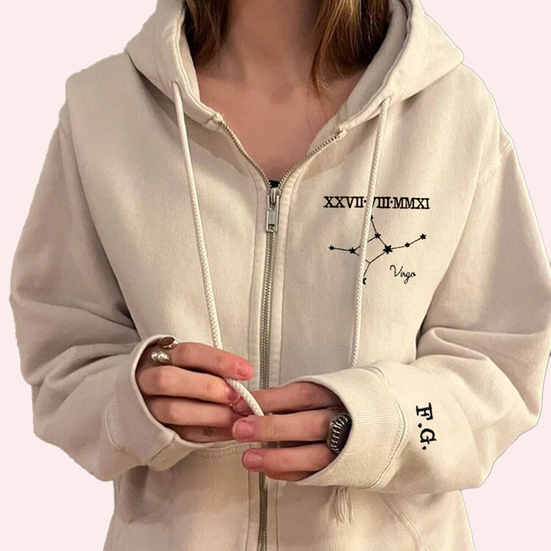 Personalized Embroidered Roman Numerals Date, Star Sign Zodiac Hoodie or Zip up Hoodie