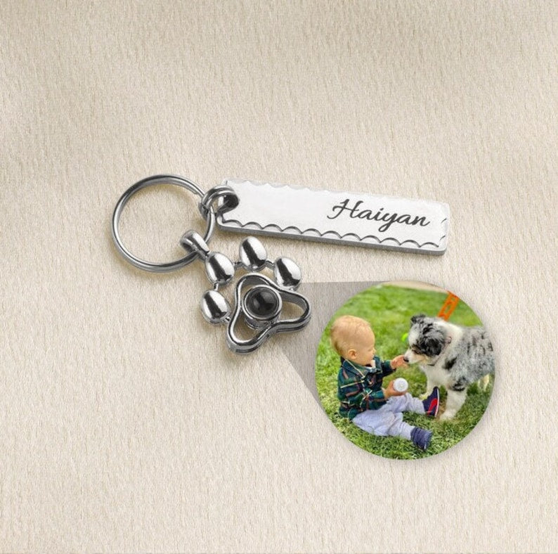 Paw Personalized Pet Projection Photo Keychain, Custom Name and Photo Projection Keychain, Paw Pendant