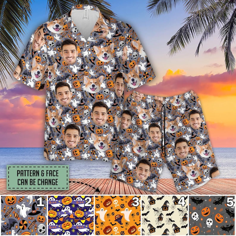 Custom Dog Face Halloween Hawaiian Shirt, Halloween Boo Horror Spooky Hawaiian Shirt And Short