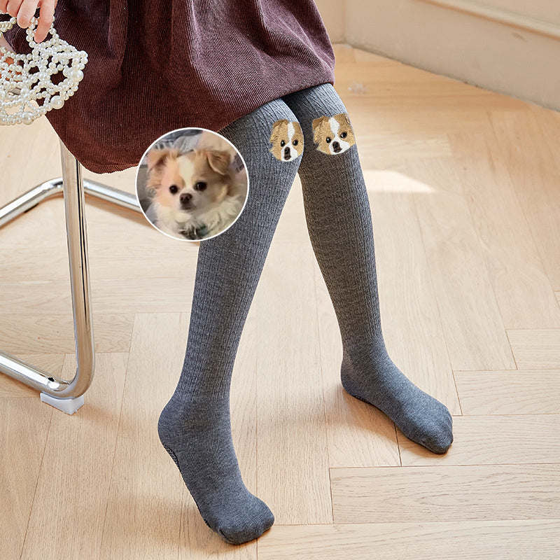 Custom Pet Face Full Color Embroidered Tights Warm Stretch Stockings For Girl