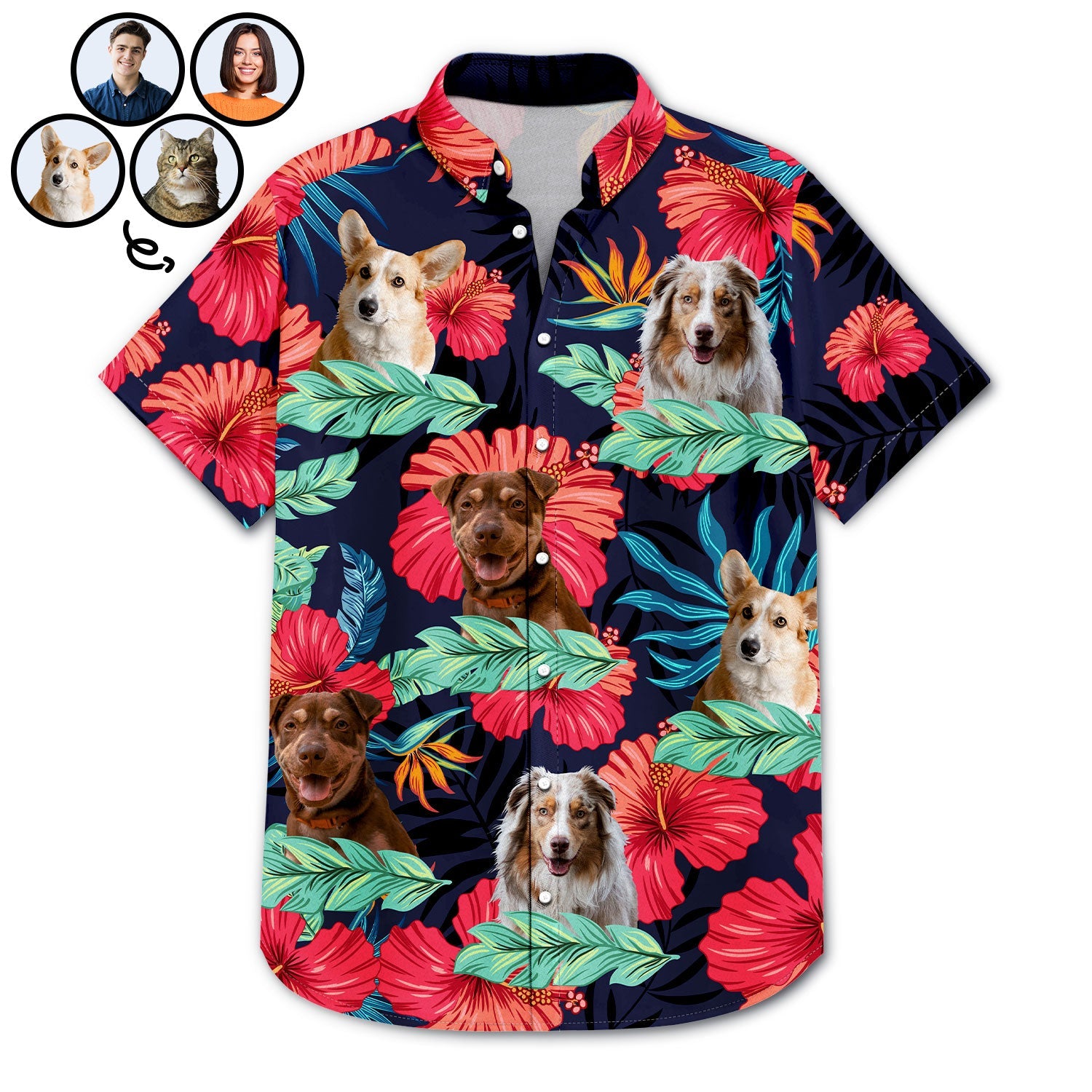 Custom Photo Human And Pet Faces - Personalized Hawaiian Shirt