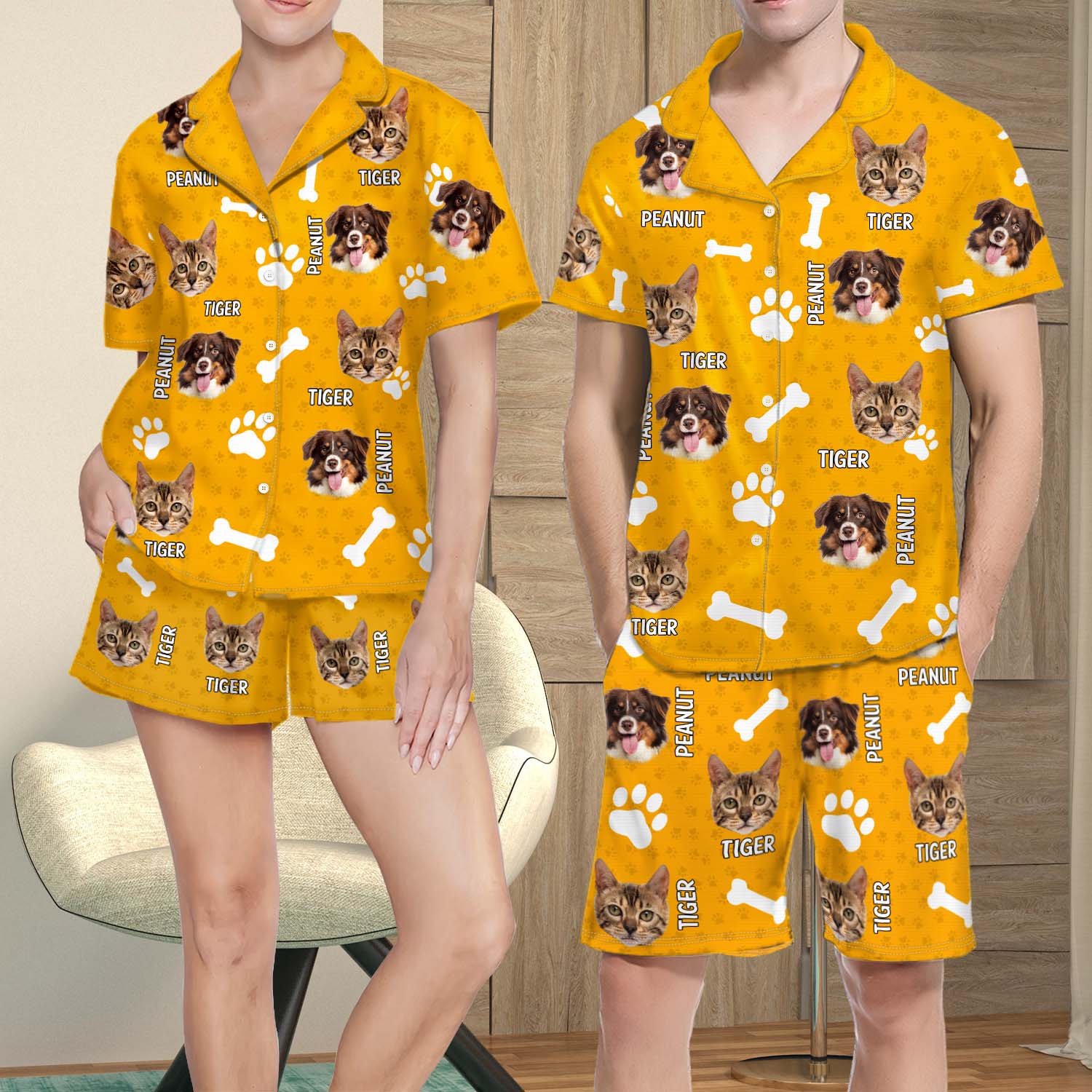 Custom Photo Funny Dog Cat Face - Personalized Custom Short Pajamas Set