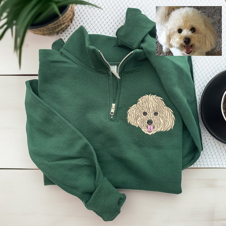 Custom EMBROIDERED Pet Quarter Zip Sweatshirt Dog Potrait Zip Up Sweatshirt