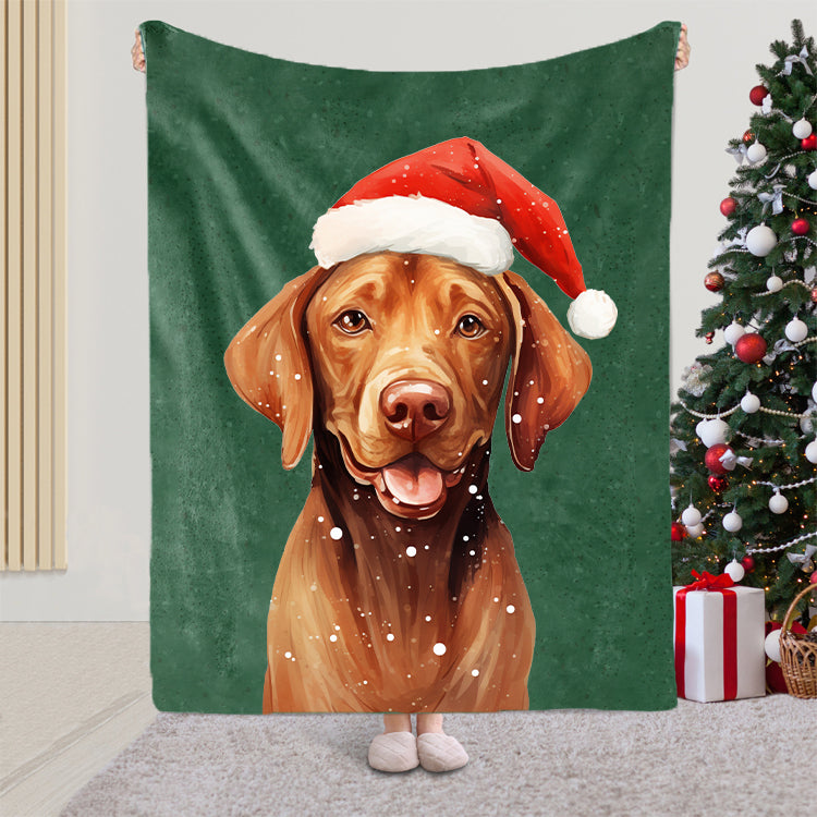 Custom Christmas Pet Portrait Blanket with Santa Hat & Snowflakes – Personalized Dog Blanket Gift